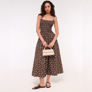 Abercrombie & Fitch Dipped-Waist Smocked Midi Dress: Brown polka dot, Medium